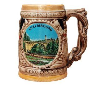 Vintage Luxembourg German-Style Beer Stein Ceramic Souvenir Mug Ornate Handle
